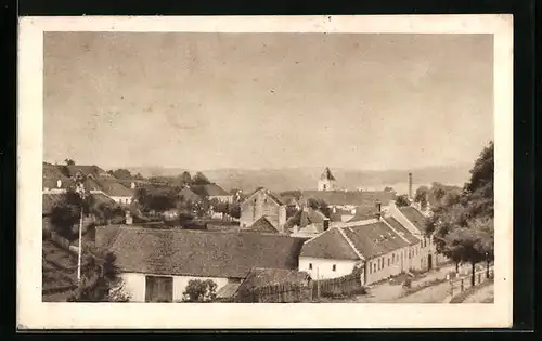 AK Pisecne, Blick über die Dächer der Ortschaft zur Kirche hin