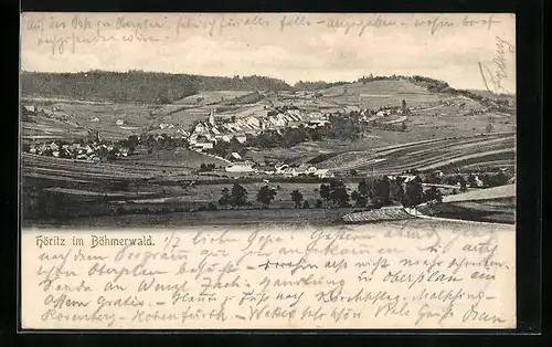 AK Höritz im Böhmerwald, Stadtpanorama von den Feldern aus, Blick zum Passionsspielhaus