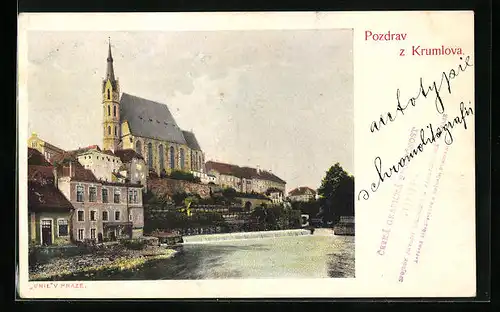 AK Krumau / Cesky Krumlov, an der Moldau, Blick zur Kirche