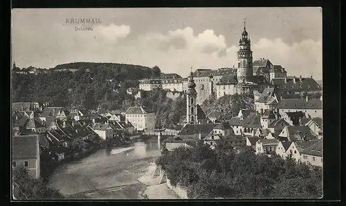 AK Krumau / Cesky Krumlov, Stadtansicht mit der Moldau und dem Schloss