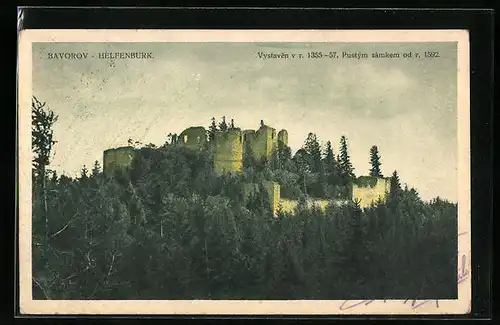 AK Bavorov, Helfenburk, Blick auf die Ruine im Wald