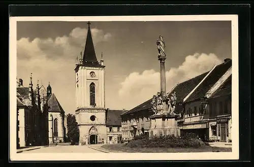 AK Blatna, Mariensäule und die Stadtkirche