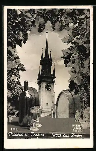 AK Znaim, Turm und Weinflasche mit Gläsern