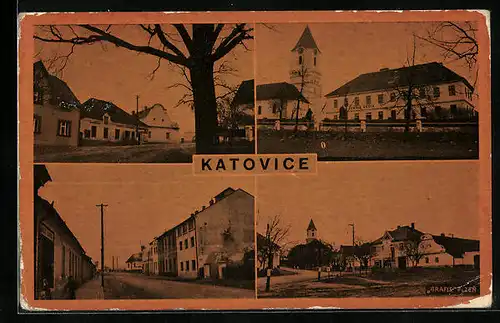 AK Katovice, Schule, Strassenpartie mit Geschäft, Ortspartie