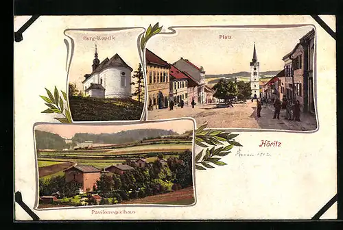 AK Höritz, Passionsspielhaus, Berg-Kapelle, Platz