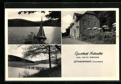 AK Krummenerl im Sauerland, am Gasthof Schulte, Blick auf die Brücke, Segelschiff unterwegs