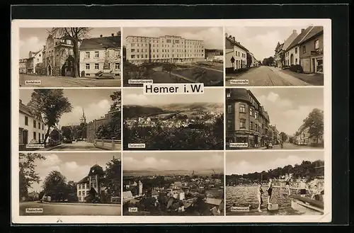 AK Hemer i. W., Standortlazarett, Hauptstrasse, Stadttotale, AMtshaus, Realschule, Badeanstalt