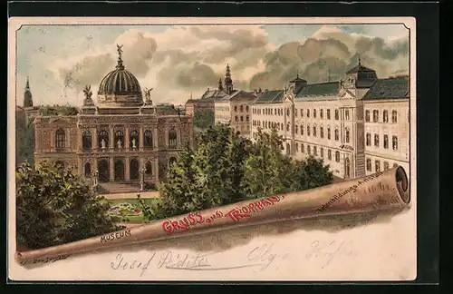 Künstler-AK Erwin Spindler: Troppau, Museum und Lehrerbildungs-Anstalt