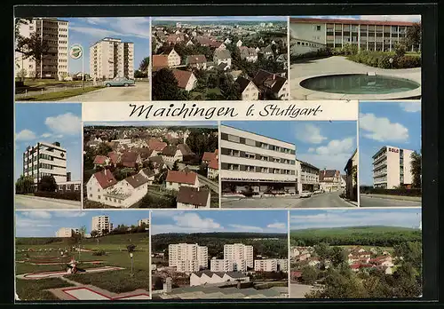 AK Maichingen b. Stuttgart, Strassenpartie mit Geschäften, Geschäftshaus von Solo, Brunnen