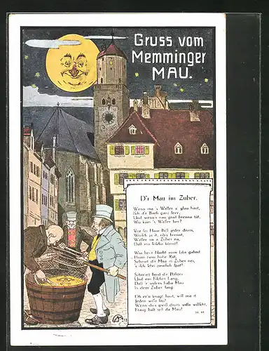 Künstler-AK Memmingen, nächtliche Szene mit Kirche