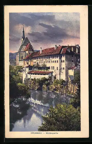 AK Krumau / Cesky Krumlov, Moldaupartie mit dem Hotel Ruse