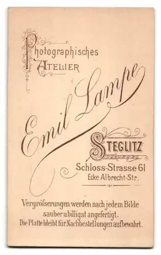 Fotografie Emil Lampe, Berlin-Steglitz, Schloss-Str. 61 Ecke Albrecht-Str., Junger Herr im Anzug mit Fliege