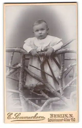 Fotografie E. Sommerkorn, Berlin-N., Schönhauser-Allee 150, Kind im hübschen Kleid lehnt am Zaun