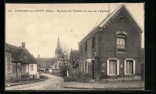 AK Conchy-les-Pots, Bureau de Postes et rue de l`Eglise