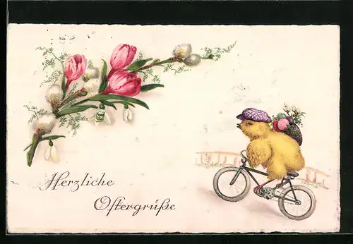Lithographie Ostergruss, Osterküken auf einem Fahrrad