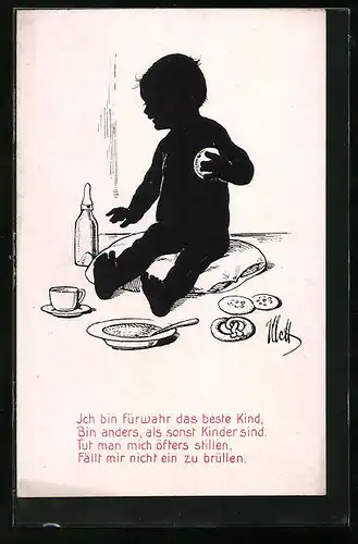 Künstler-AK Säugling auf Kissen mit Milchflasche