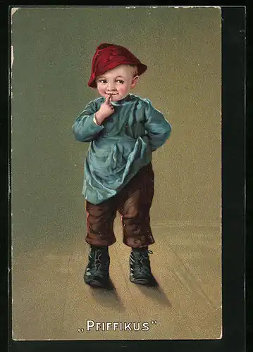 Künstler-AK Pfiffikus, Knabe mit roter Kappe