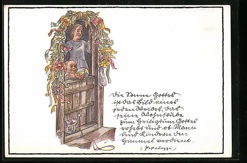 Künstler-AK Mutter und Kind an geschmückter Pforte