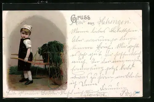 AK Knabe mit einer Karre voller Heu