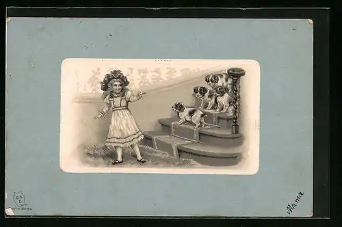 Lithographie Mädchen mit Hundewelpen