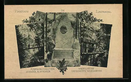 AK Weingarten, Partien im Lauratal, Barbarossastein, Brücken im Wald