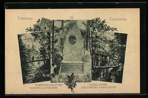 AK Weingarten, Partien im Lauratal, Barbarossastein, Brücken im Wald
