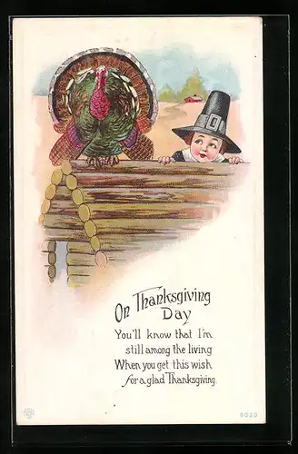 Präge-AK On Thanksgiving Day, Knabe pirscht sich an einen Truthahn heran
