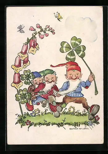 Künstler-AK Zwerge mit Glücksklee in Frühlingslaune