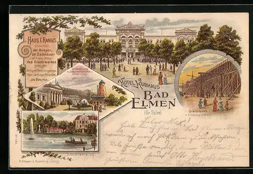 Lithographie Bad Elmen, Hotel Kurhaus, Gradierwerk und Kinderspielplatz, Schwanenteich