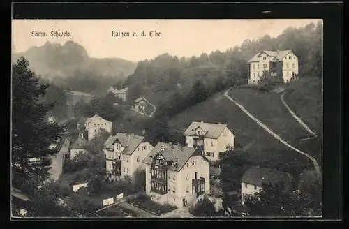 AK Rathen a. d. Elbe /Sächs. Schweiz, Ortsansicht mit Mehrfamilienhäusern und Hotel