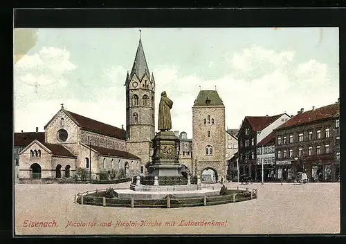 AK Eisenach, Nicolaitor u. Nicolai-Kirche mit Lutherdenkmal