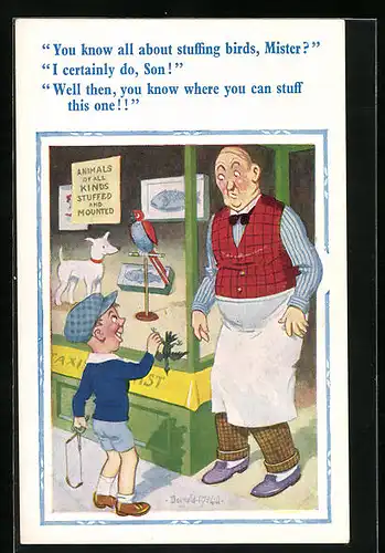 Künstler-AK Donald McGill: You know all about stuffing birds, Mister?