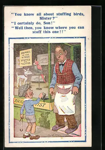 Künstler-AK Donald McGill: You know all about stuffing birds, Mister?