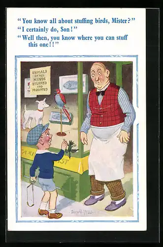 Künstler-AK Donald McGill: You know all about stuffing birds, Mister?