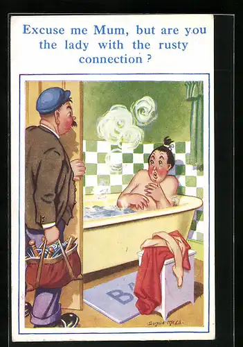 Künstler-AK Donald McGill: ...but are you the lady with the rusty connection?