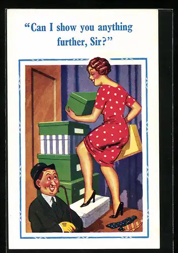 Künstler-AK Donald McGill: Can I show you anything further, Sir?