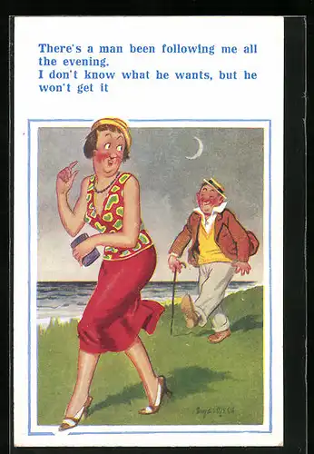 Künstler-AK Donald McGill: I don`t know what he wants,...