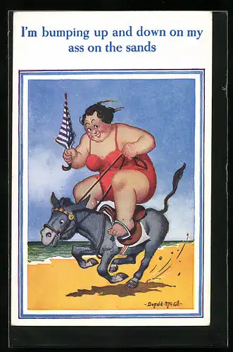 Künstler-AK Donald McGill: I`m bumping up and down on my ass on the sands