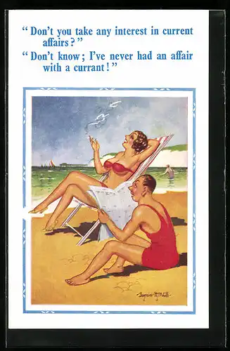 Künstler-AK Donald McGill: ...I`ve never had an affair with a currant!