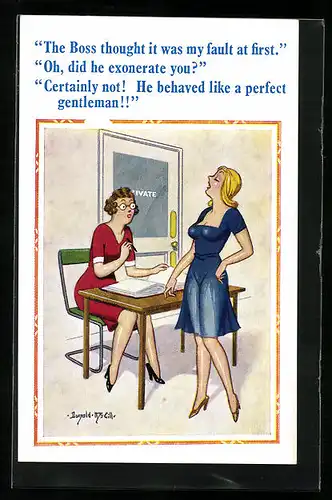 Künstler-AK Donald McGill: Oh, did he exonerate you?