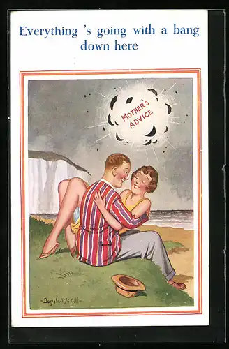 Künstler-AK Donald McGill: Everything`s going with a bang down here, Liebespaar am Strand