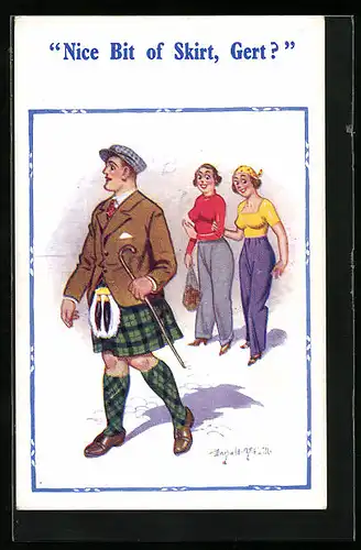 Künstler-AK Donald McGill: Nice Bit of Skirt, Gert?, Frauen schauen Mann im Kilt nach