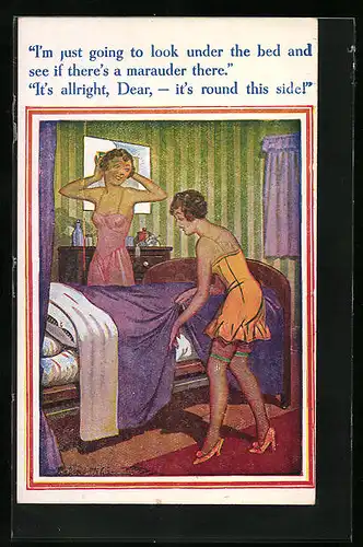 Künstler-AK Donald McGill: I`m just going to look under the bed and..., Zwei Frauen in Nachtwäsche am Bett