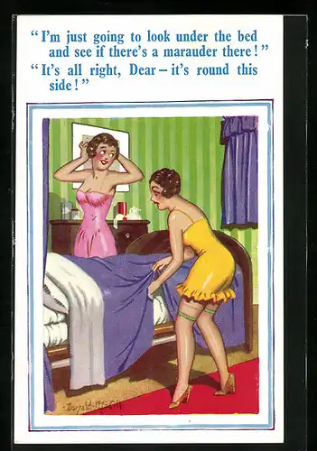 Künstler-AK Donald McGill: I`m just going to look under the bed and..., Zwei Frauen in Nachtwäsche am Bett