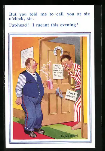 Künstler-AK Donald McGill: But you told me to call you at six o`clock, sir.., Hotelpage mit Kaffee bei Mann vor der Tür