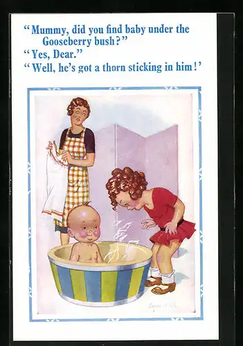 Künstler-AK Donald McGill: Mummy, did you find baby under the Gooseberry bush?..., Baby in der Badewanne und Mädchen