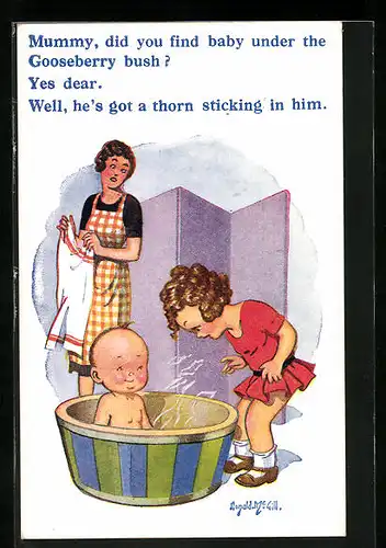 Künstler-AK Donald McGill: Mummy, did you find baby under the Gooseberry bush?..., Baby in der Badewanne und Mädchen