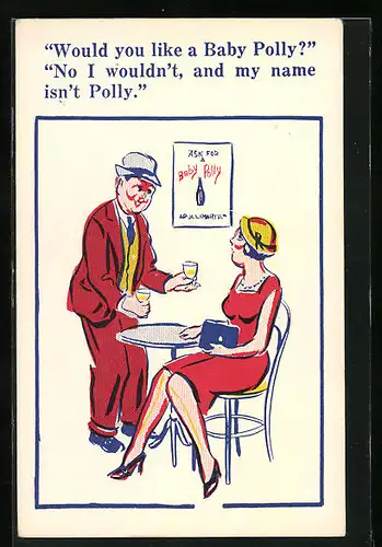 Künstler-AK Donald McGill: Would you like a Baby Polly?..., Herr mit Gläsern bei Dame am Tisch