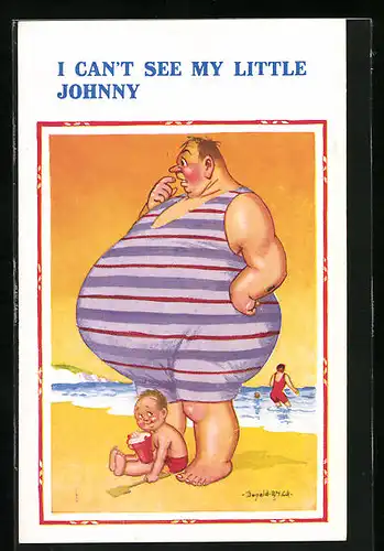 Künstler-AK Donald McGill: I can`t see my little Johnny!, Dicker Mann im Badeanzug und Junge am Strand