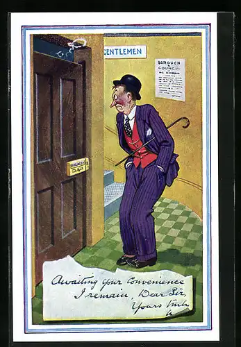 Künstler-AK Donald McGill: Awaiting your convenience..., Herr wartet vor der Toilettentür